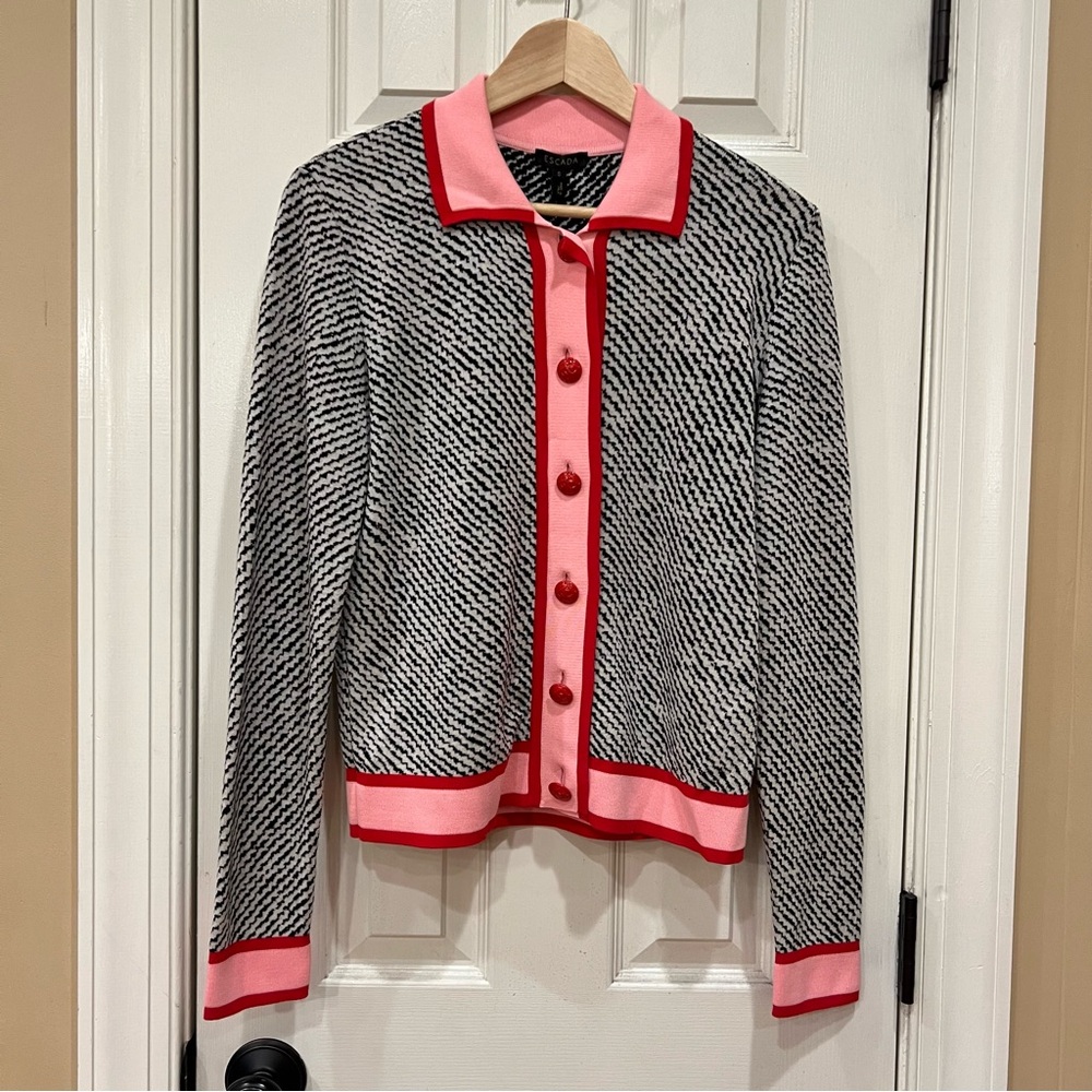 NEW Escada ZIG ZAG CARDIGAN Black Pink Red Button Up Sweater Wool Women’s Small